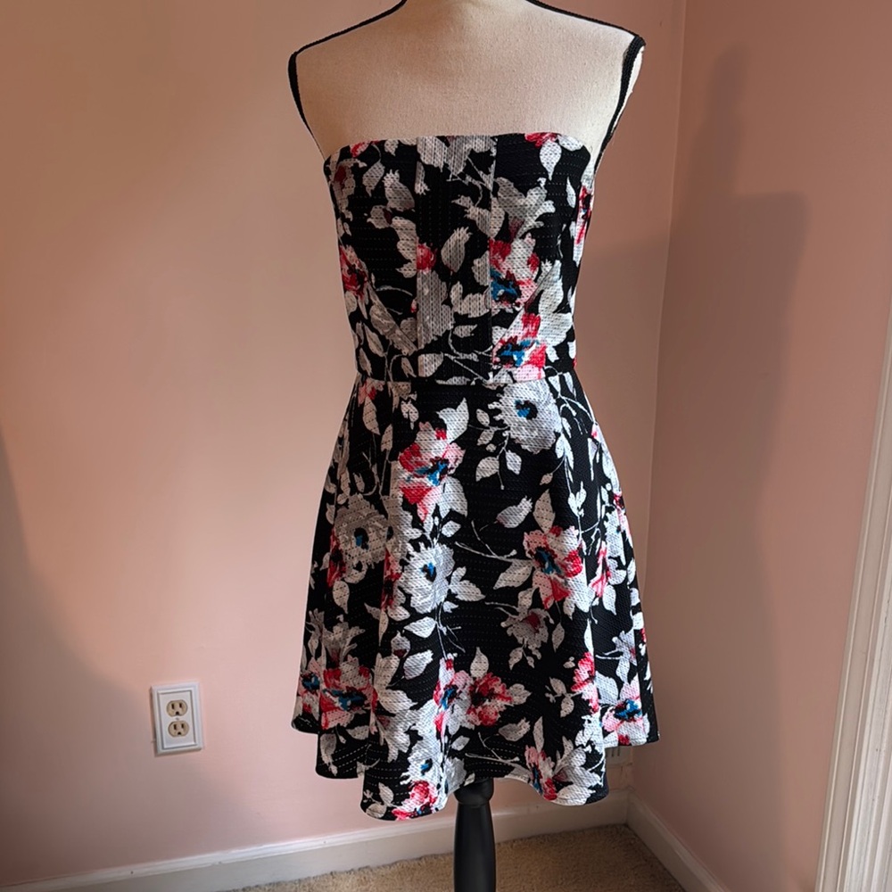 Express Black and Pink Strapless Fit and Flare Dress